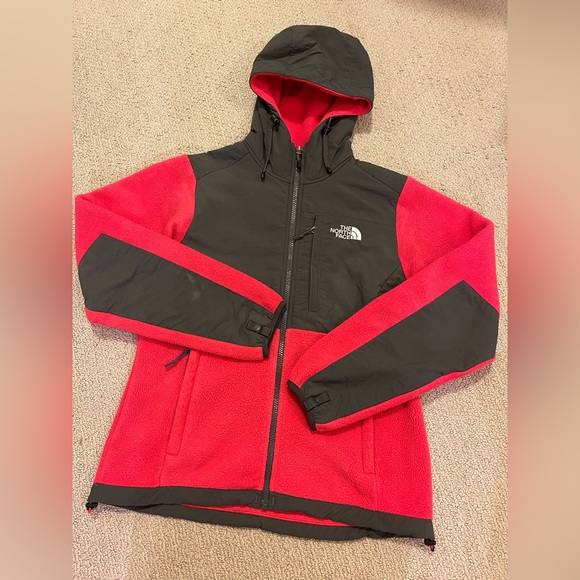 Bright coral pink and dark grey hooded North Face fleece jacket size S - Picture 1 of 6